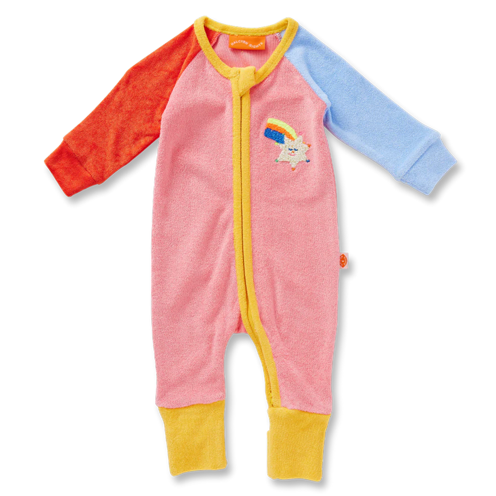 Stars Pink Terry Long Sleeve Romper