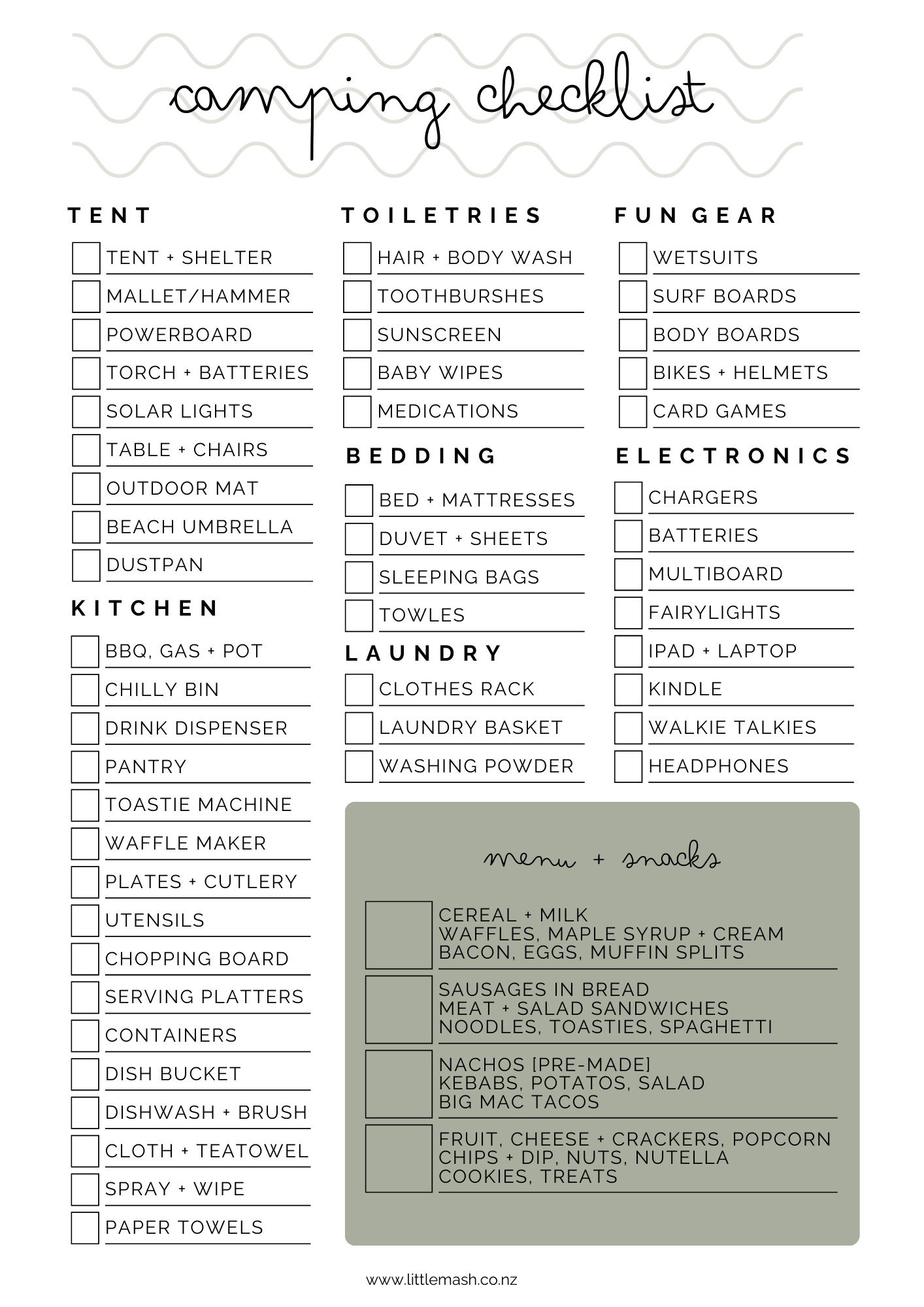 Free printable download camping checklist