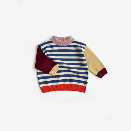 Organic Cotton Knit Jumper - Navy Stripe Colour Block