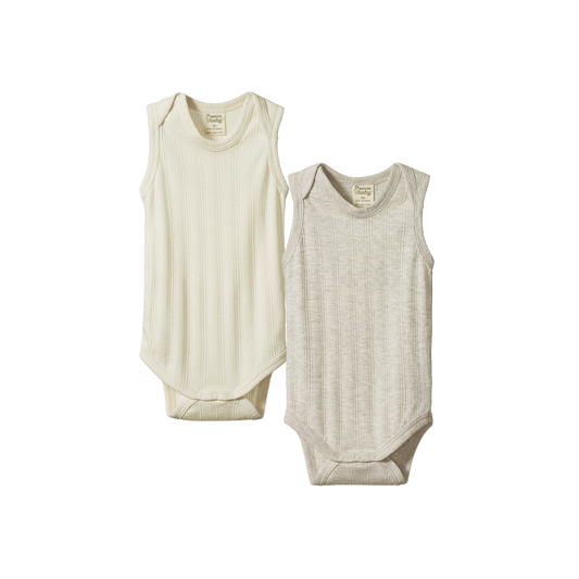 Nature Baby 2 Pack Derby Singlet Bodysuit - Natural + Light Grey Marl available at Little Mash Boutique
