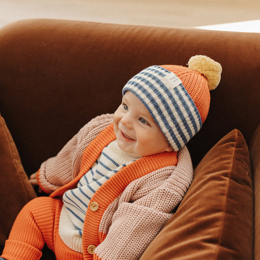 Organic Cotton Chunky Colour Block Beanie - Navy Stripe